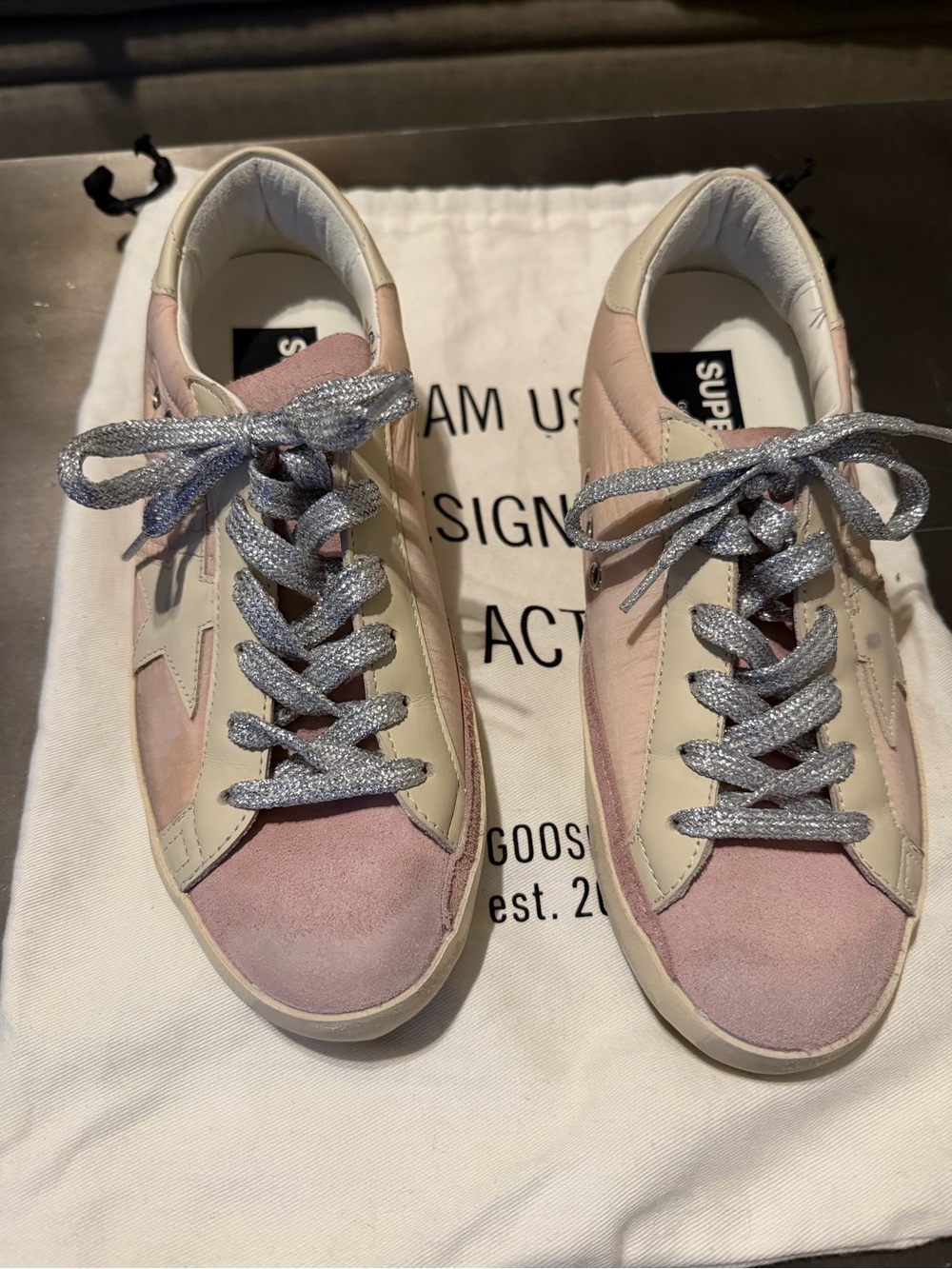 Golden Goose Pink & Cream Low-Top Sneakers with Silver Glitter Laces